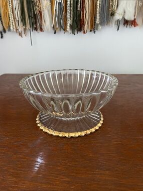 Glass Pedestal Dessert Bowl - candy dish with Gold Rim